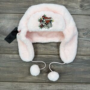 Ed Hardy Women's Trapper Hat Pink Faux Fur  Pompoms Love Kills Skull NEW